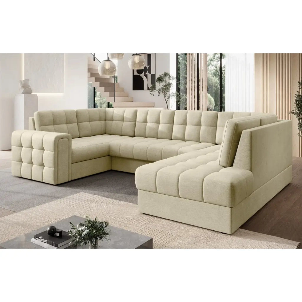 Divano ad angolo trasformabile MONTEZA beige 299 cm con contenitore e letto