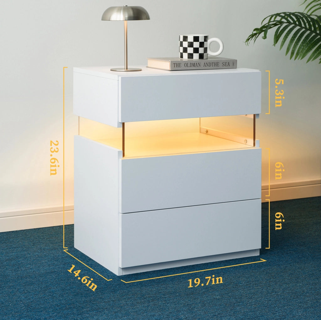 Comodino LED bianco con 3 cassetti e pannello acrilico
