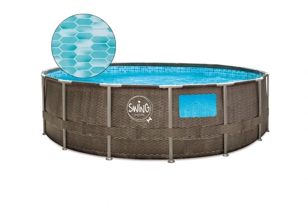 ELITE - PISCINA CON TELAIO IN VIMINI - 4,57 x 1,22 m, design in vimini (doppio rattan) con finestre, con pompa filtro 12 V - 3,8 m3, gradini di sicurezza pieghevoli, kit di manutenzione deluxe, copertura e telo di fondo