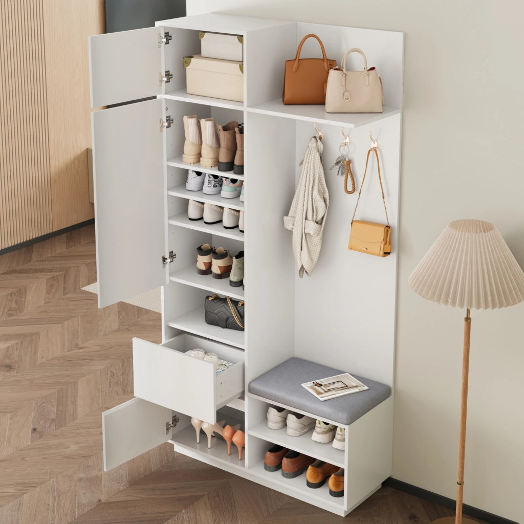 Mobile Ingresso con Specchio e Panca; Scarpiera con Ganci; Cassetti e Ripiani; Stile Moderno; in MDF; Bianco; 90??34;5??190 cm
