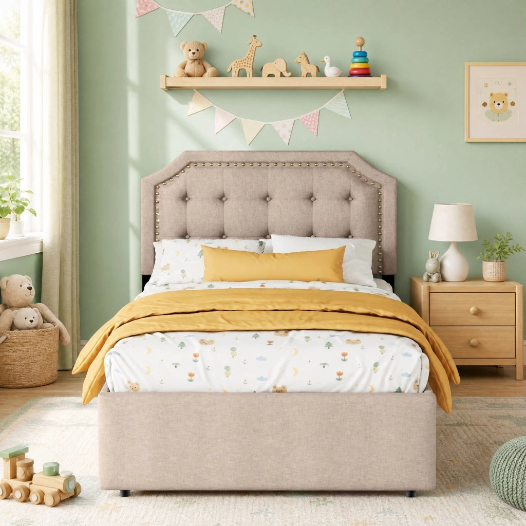 LETTO Imbottito 90x200 cm Beige Scuro con 2 Cassetti