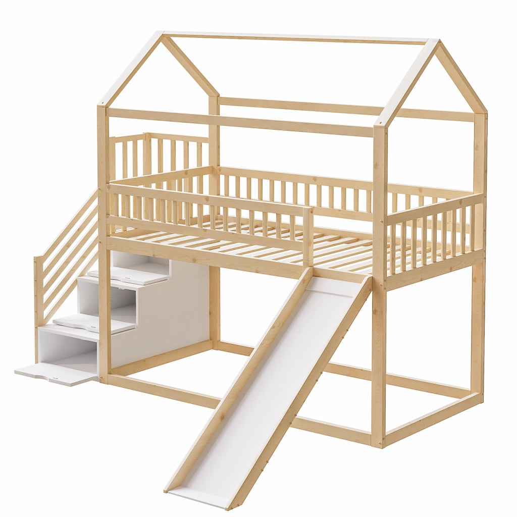 Letto a soppalco 90x200 cm con scivolo e scala contenitore in legno colore naturale