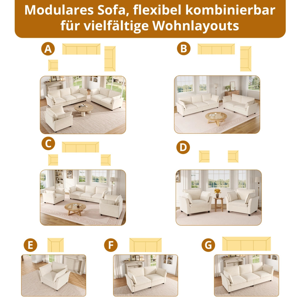 DIVANO Modulare 3-2-1 Set da 3 pezzi 220/155/90 cm Chenille Beige