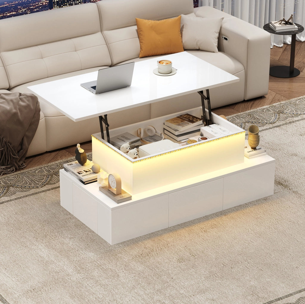 Tavolino da salotto elevabile 100x50x40 cm in MDF bianco lucido con LED e 4 cassetti