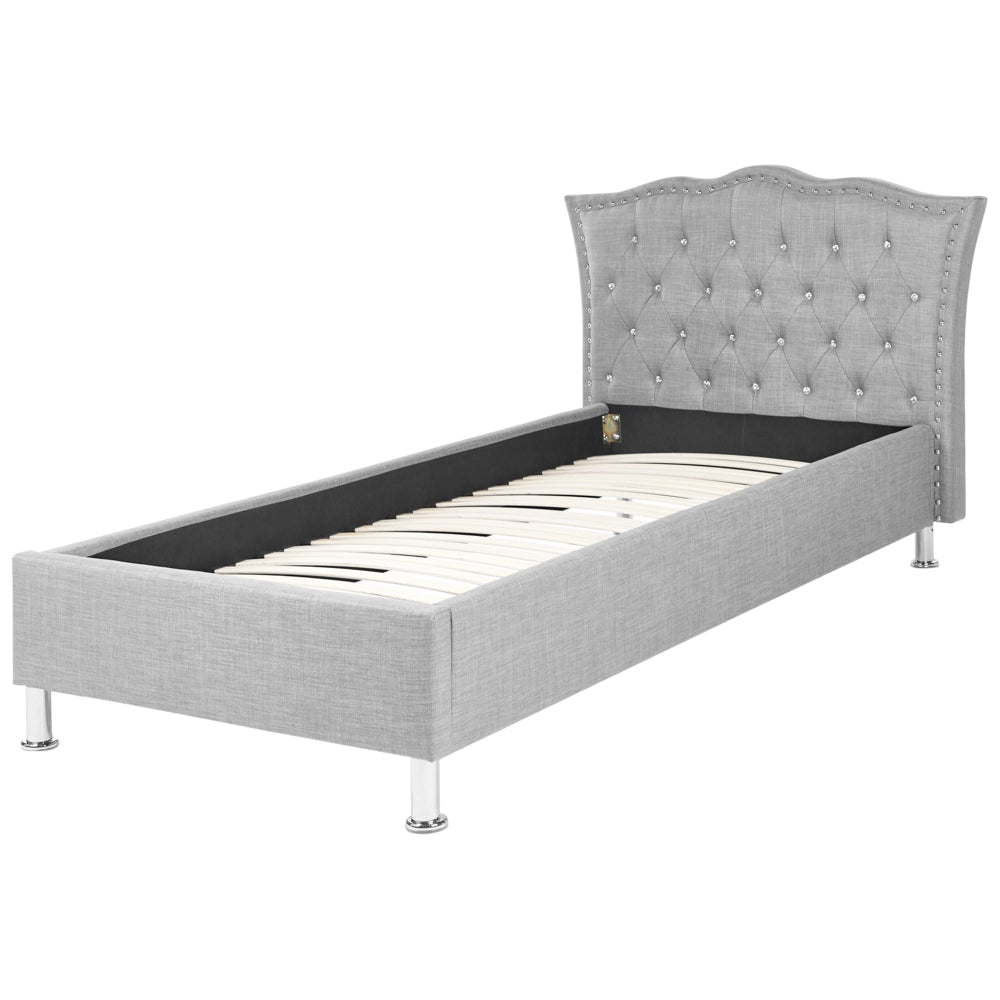 Letto singolo grigio tessuto imbottito Telaio con decorazione rete a doghe 90 x 200 cm Bottoni di cristallo Poggiatesta Camera da letto Moderna Glam