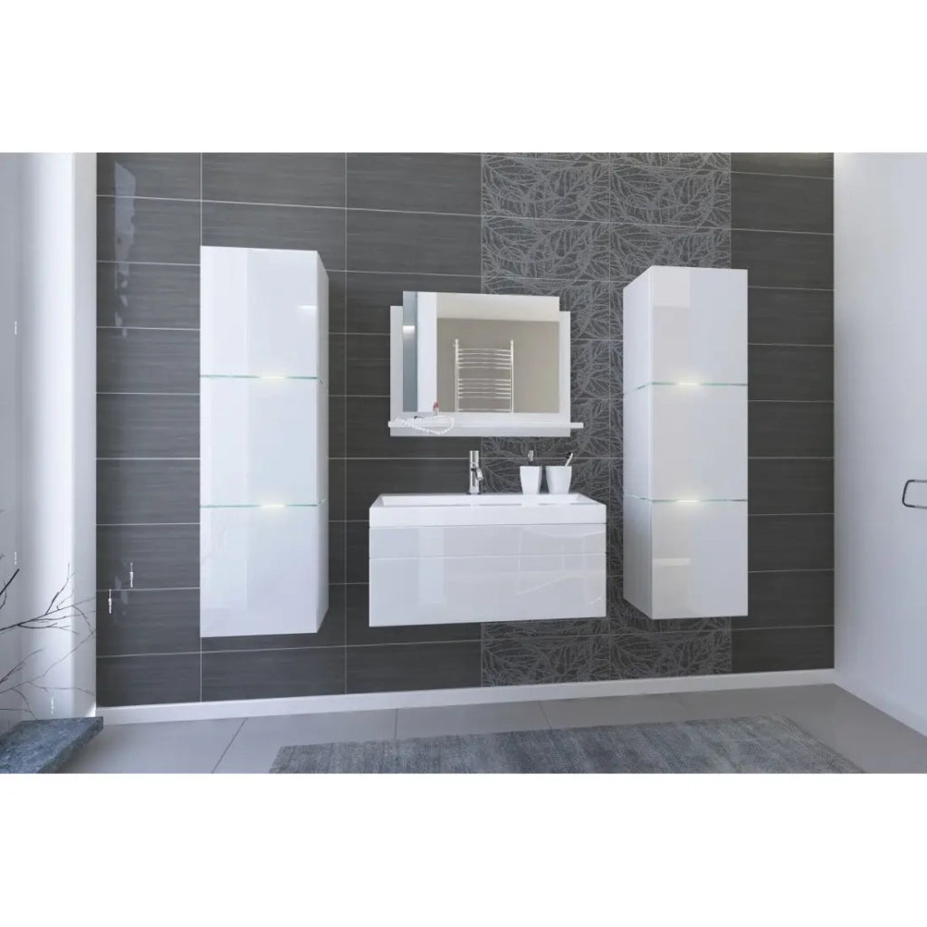 Set di mobili da bagno bianchi collezione OWL. 2 colonne, mobile sottolavabo, lavabo 80cm, specchio, sifone e LED.