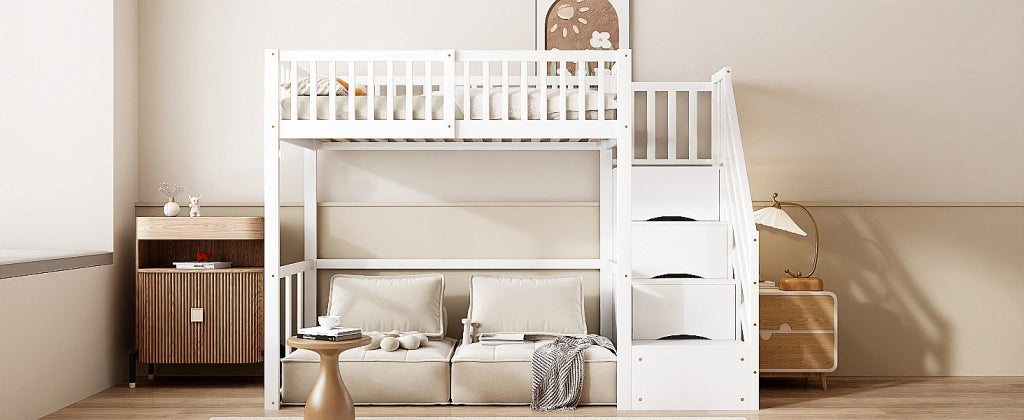 DESMIU Letto a soppalco 90 × 200 cm 1 posto con scala contenitore e scrivania, senza materasso, bianco