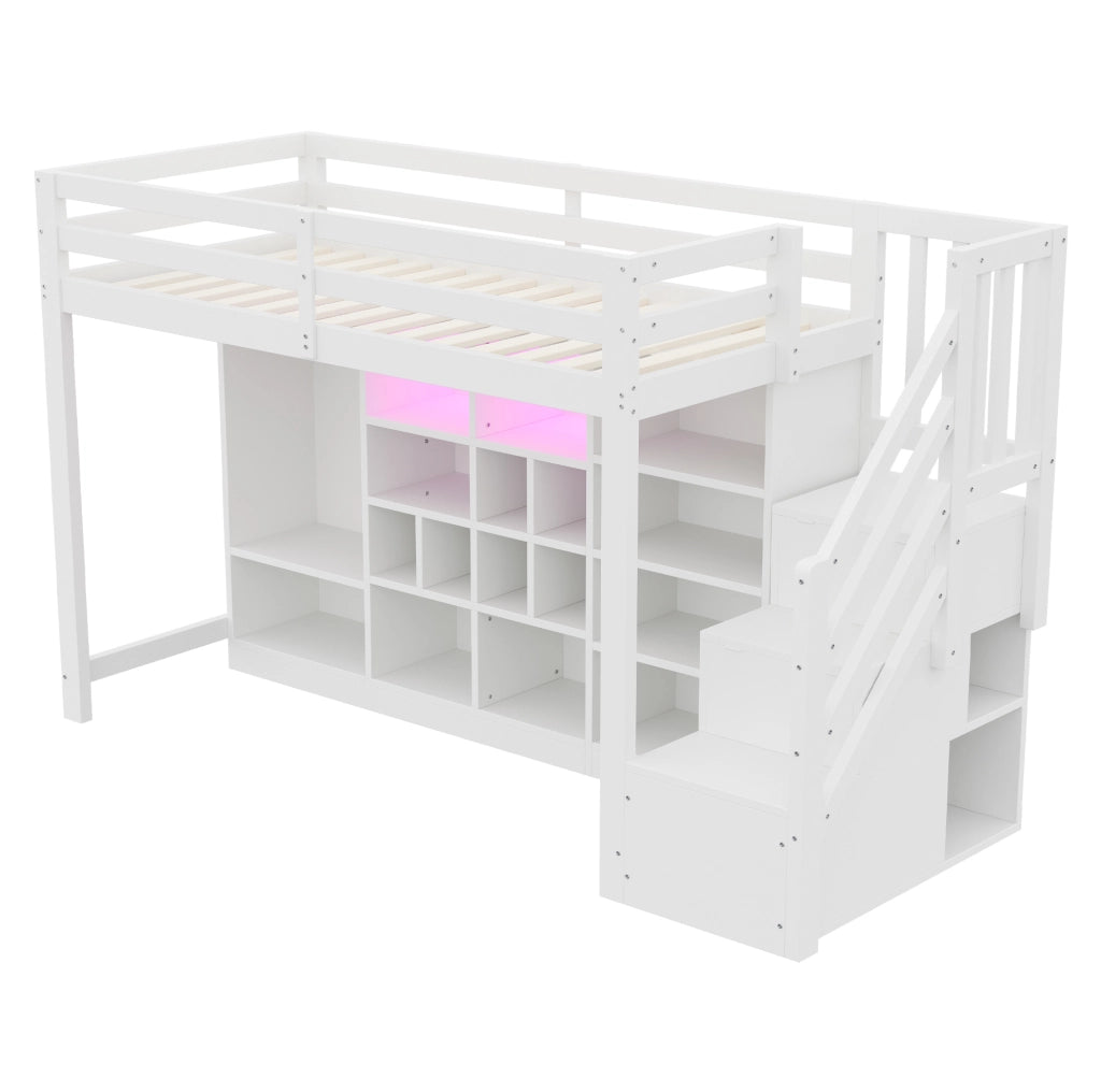Letto a soppalco 90x200 cm in legno bianco con armadio integrato; ripiani e LED