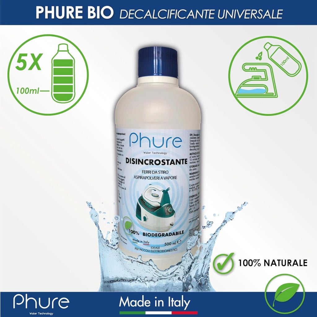 PHURE BIO DECALK Decalcificante Disincrostante Concentrato Universale ferri da stiro e aspirapolveri vapore, per piccoli elettrodomestici Compatibile con tutte le marche Biodegradabile 500ml