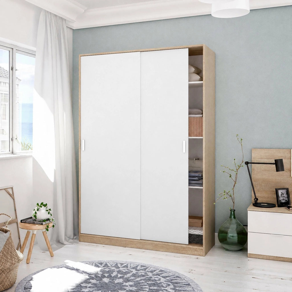 Guardaroba Adrenalin, Armadio per camera da letto a 2 ante scorrvoli, Mobile con 3 ripiani e barra appendiabiti, cm 120x50h200, Rovere e Bianco