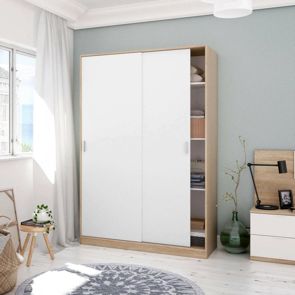 Guardaroba Adrenalin, Armadio per camera da letto a 2 ante scorrvoli, Mobile con 3 ripiani e barra appendiabiti, cm 120x50h200, Rovere e Bianco