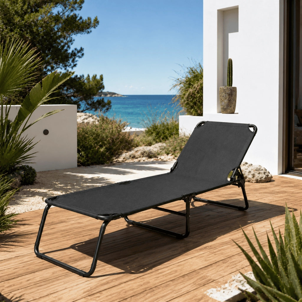 Lettino Sdraio Pieghevole Prendisole Con Schienale Reclinabile Regolabile Telaio In Metallo Nero Per Mare Piscina Giardino 187 x 53 x 24 Cm Nero