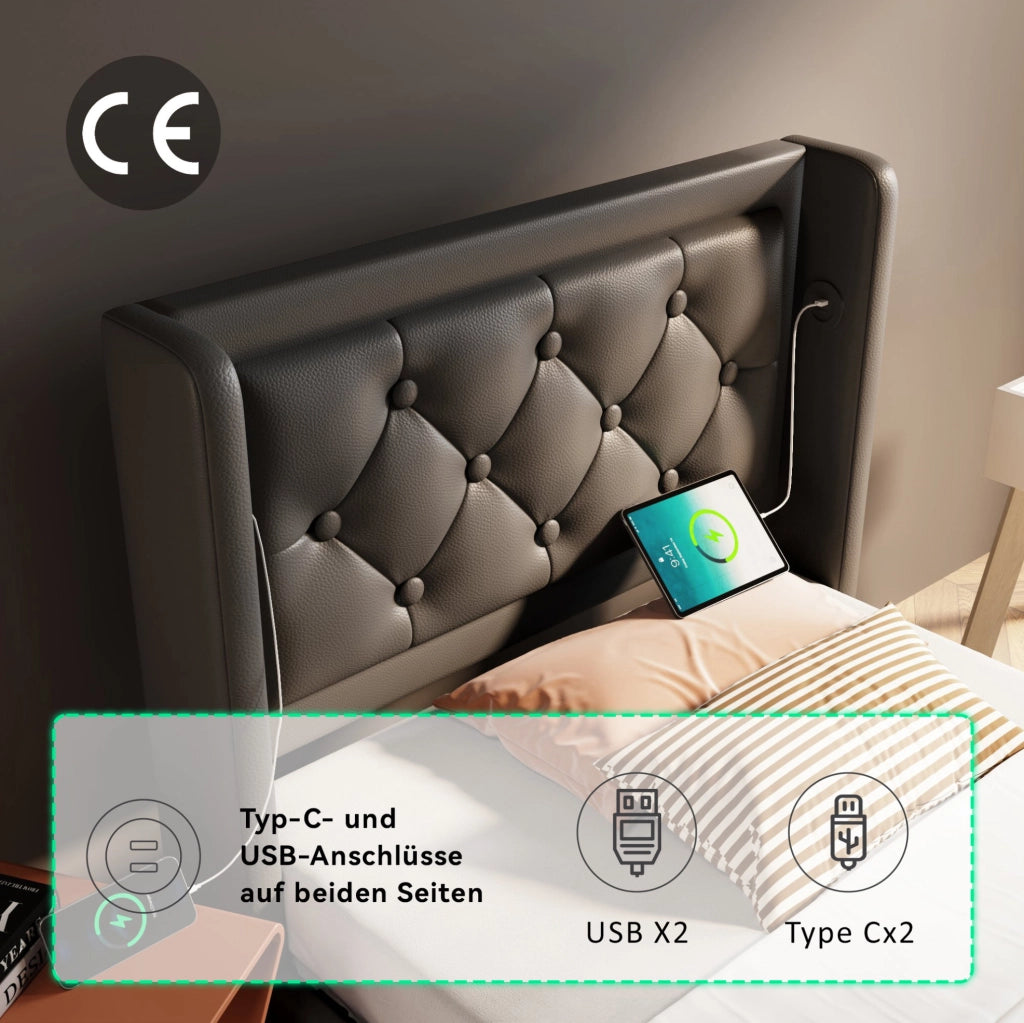 Letto singolo 90x200 cm con contenitore, LED e ricarica USB-C