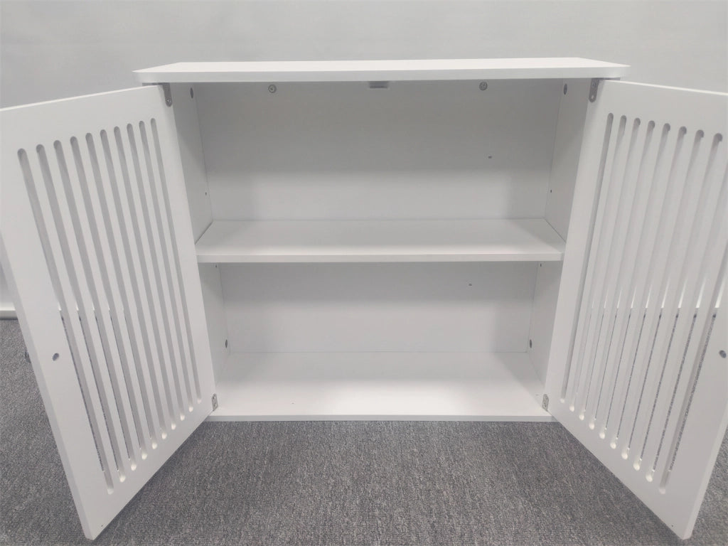 Armadietto da bagno pensile con 2 ante a lamelle, in MDF e truciolare, per bagno, bianco, 69,3 × 43,8 × 11 cm