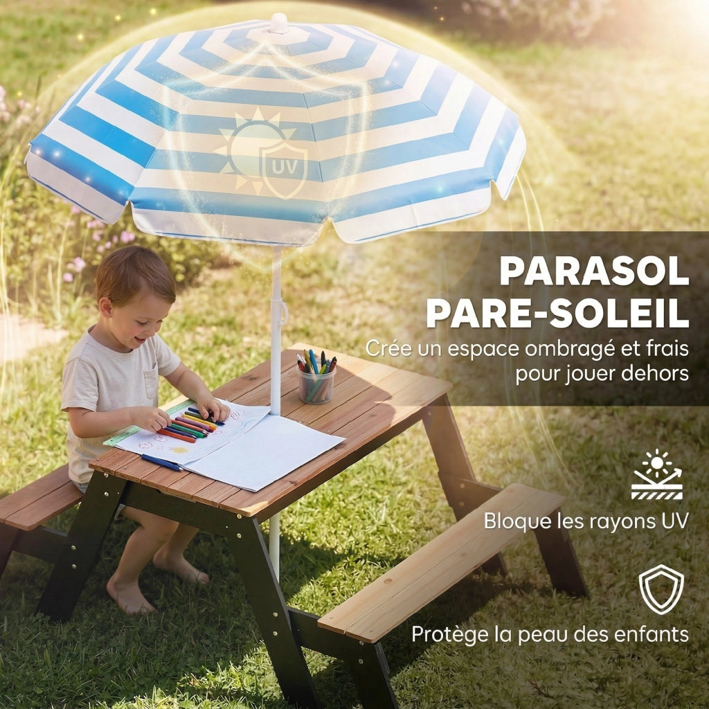 Set da Giardino per Bambini con Parasole e 2 Panche ¨C Zephmum ¨C Legno Naturale 3-6 Anni