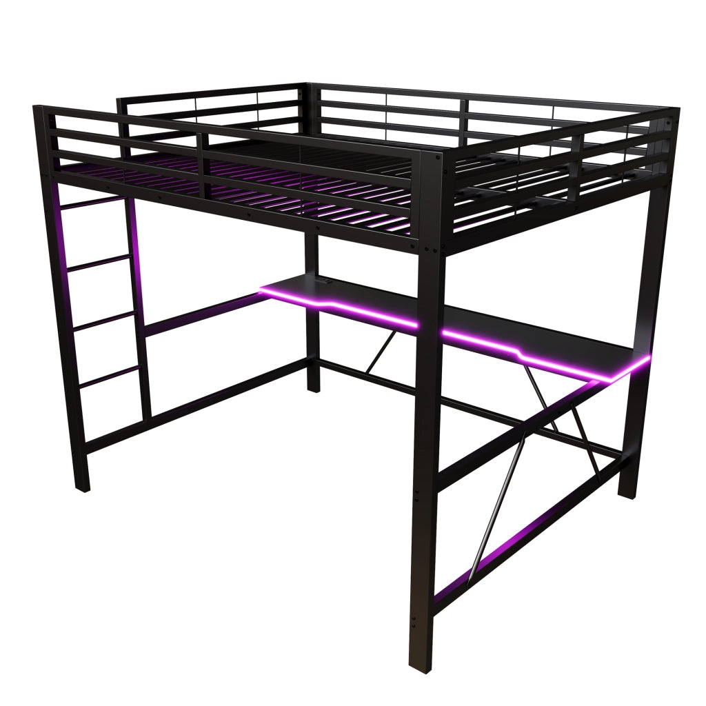 DESMIU Lit mezzanine 160 × 200 cm 2 posti con scrivania, LED e senza materasso, in metallo e MDF, nero