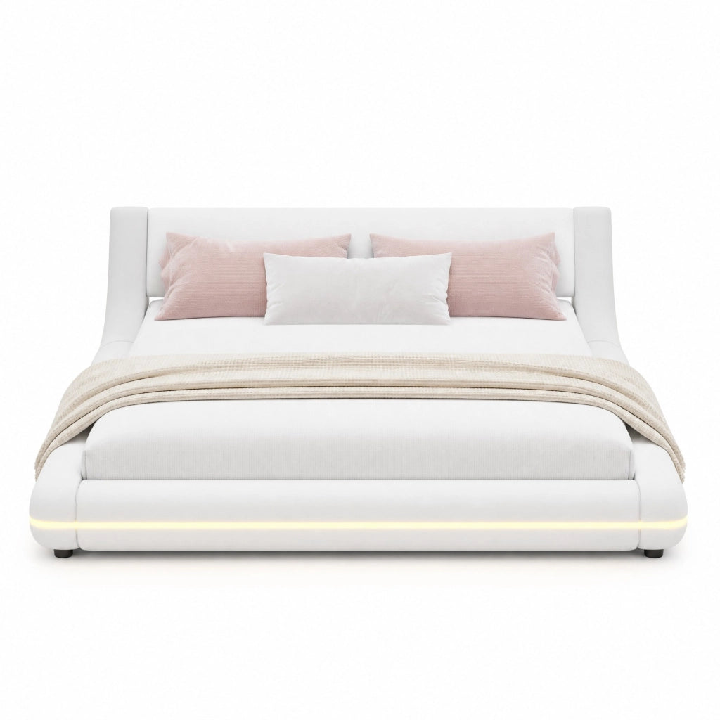 LETTO Basso 140x200 cm PU Bianco con LED Ambientale