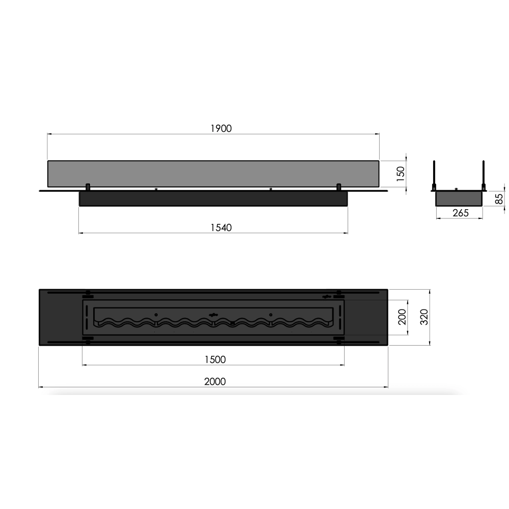 Bruciatore Inserto a Bioetanolo 200cm in Inox nero da incasso o appoggio da 6 lt con vetri inclusi