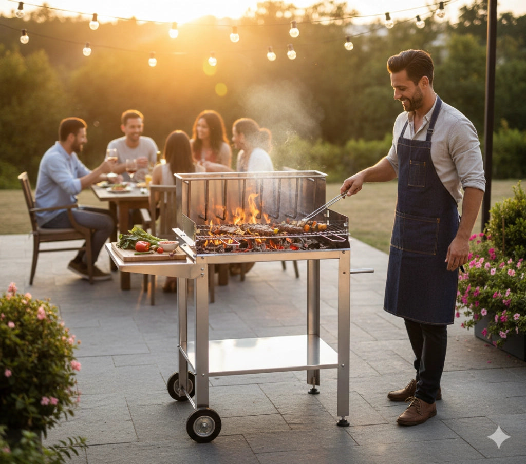 Barbecue a Legna o Carbone Ompagrill Graticola in Tondino di Acciaio Cromato Rivestimento Interno Refrattario e