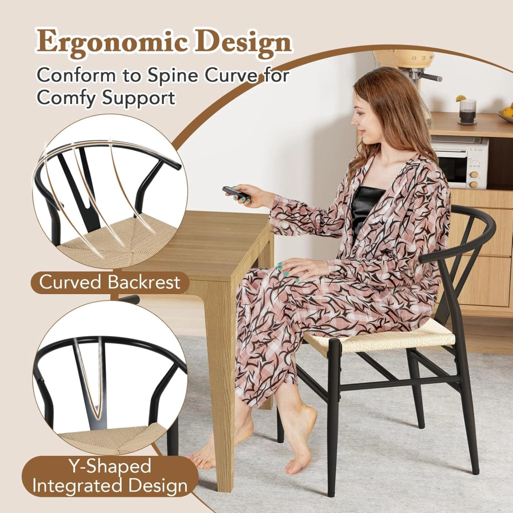 Set di 2 sedie da pranzo impilabili, da cucina, da soggiorno, con schienale e ampia seduta in rattan, portata 150 kg, con gambe in metallo, set di sedie 54 x 59 x 73 cm