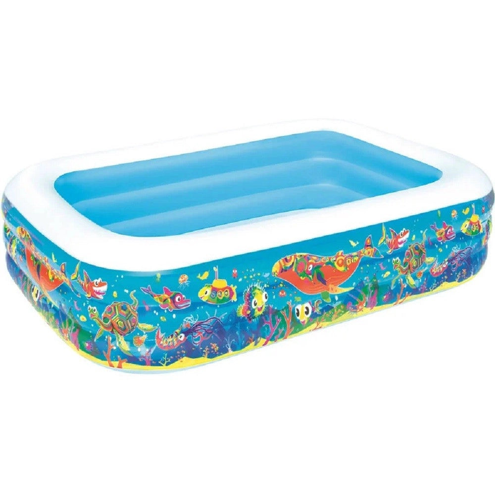 Trade Shop - Piscina Gonfiabile Family Rettangolare 3 Anelli Fantasia Pesci 229x152x56cm 54120 -
