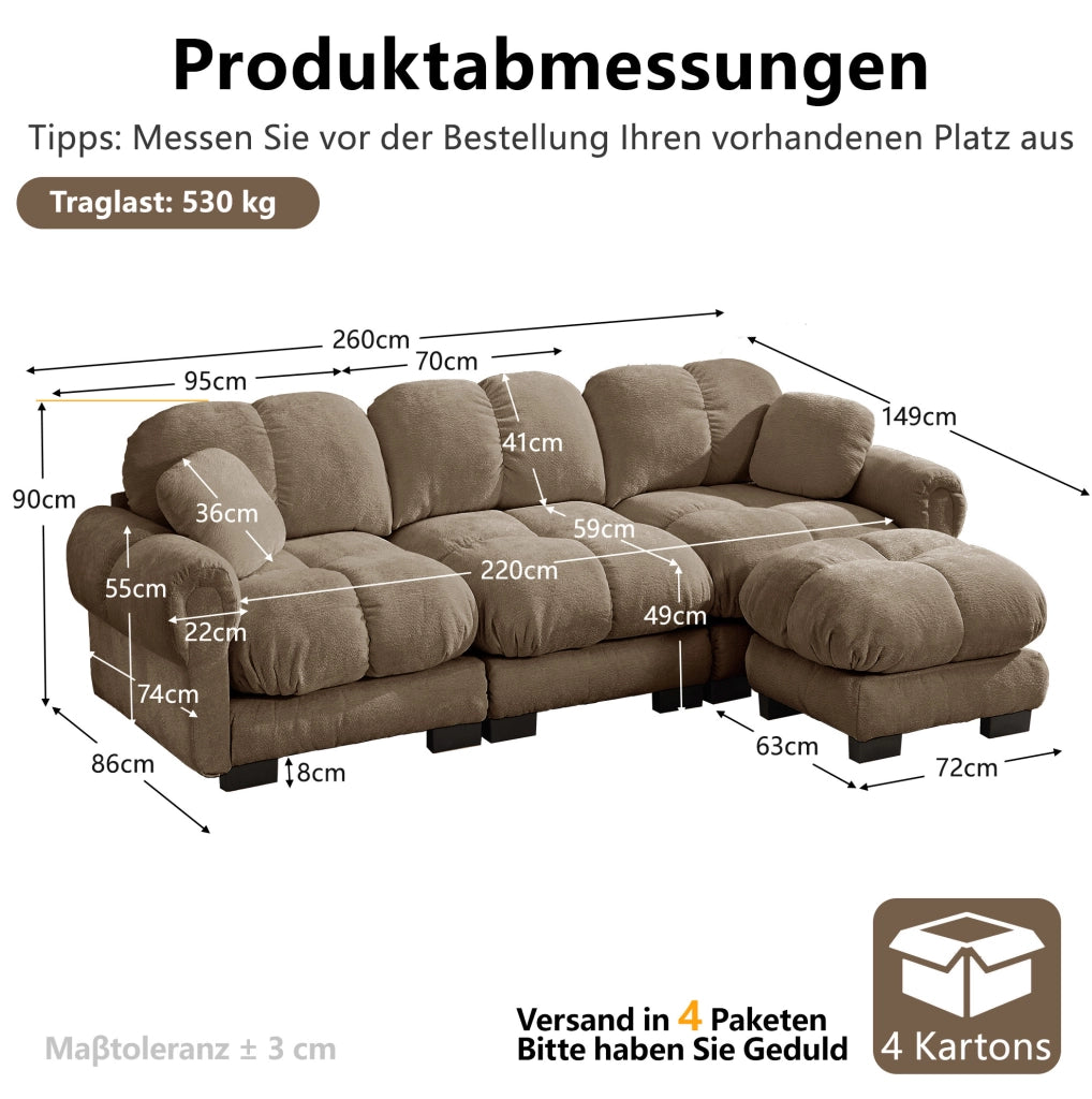 Divano angolare 3 posti 260x149 cm con pouf mobile in ciniglia; marrone