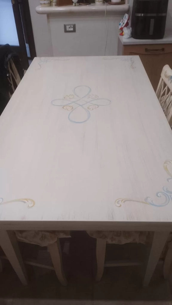 Tavolo 160x85 laccato avorio pennellato con decori - Mobili 2G