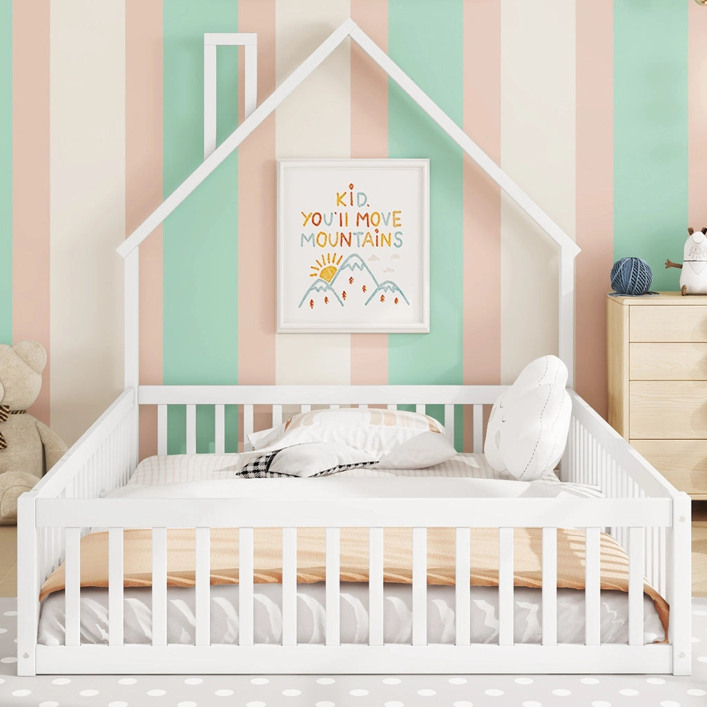 Letto per bambini 140x200 cm; forma camino; legno; bianco (Senza materasso)