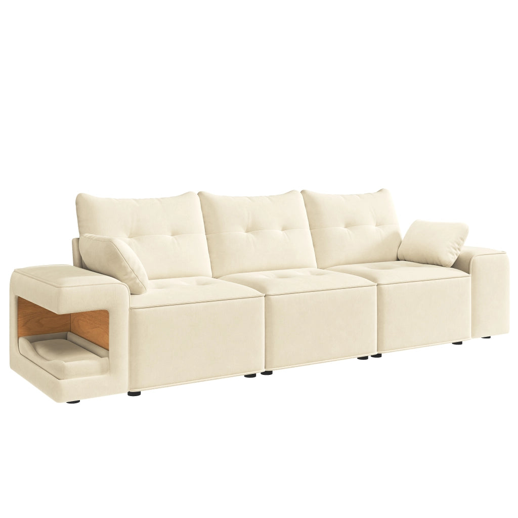 Divano modulare 3 posti in velluto beige con ampi braccioli, spazio contenitore e nicchie per animali