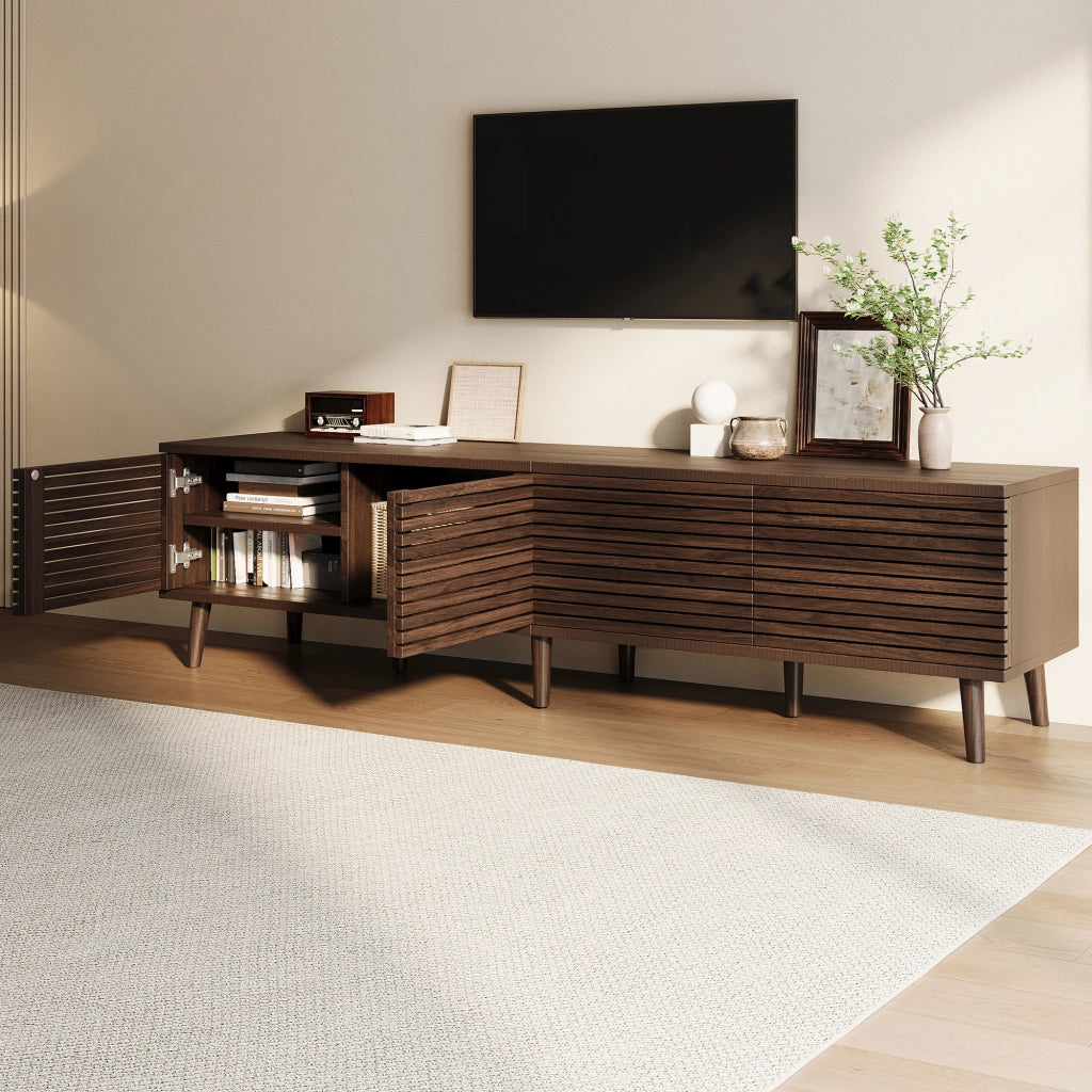 Mobile porta TV con 4 ante e 6 vani aperti, passacavi, per soggiorno, in MDF e truciolare, noce, 180 × 40 × 46 cm