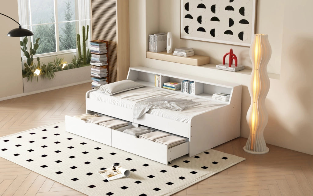Letto giorno 90x200 cm con due cassetti e ripiani, bianco