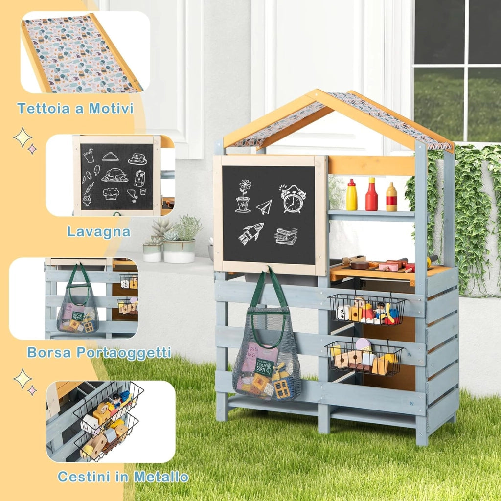 Cucina Giocattolo per Giardino con Negozio e Barbecue 3 in 1, Cucina per Bambini in Legno di Pino con Griglia, Lavagna, Cesti e Forno, Set Cucina con 12 Accessori, 75 x 34 x 111 cm