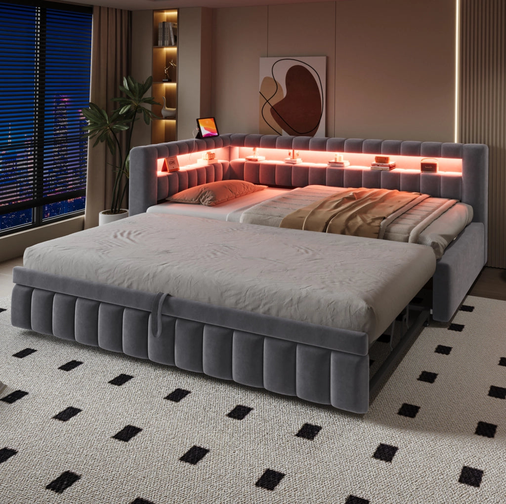 Divano letto imbottito con letto estraibile; LED; USB e Type-C; 90x200 cm; grigio