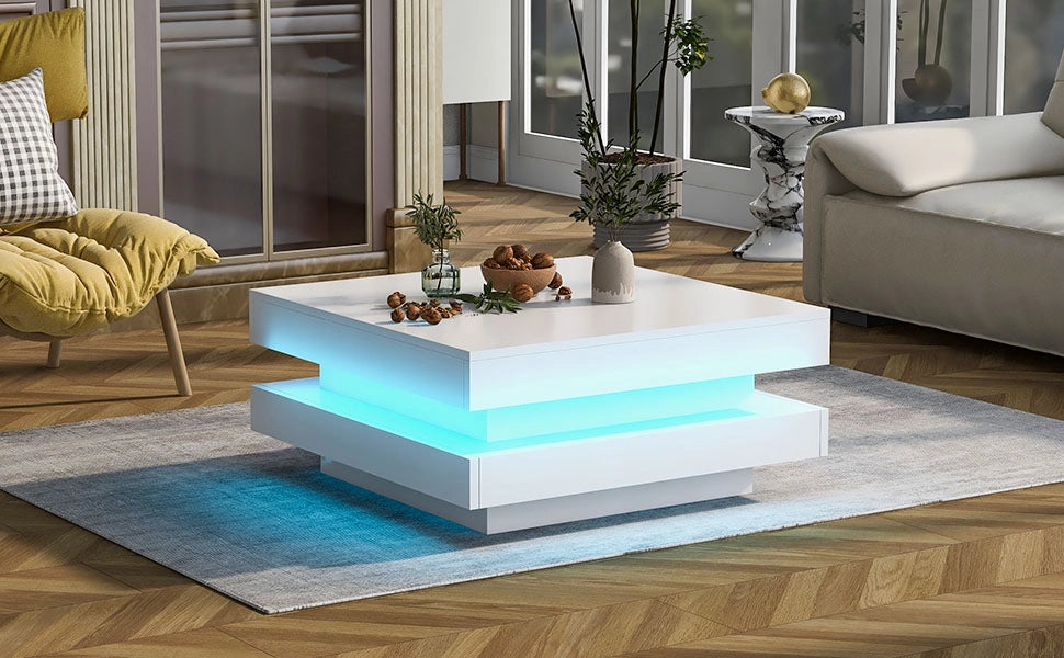 TAVOLO DA SALOTTO Quadrato 70x70x36 cm Bianco con LED Bluetooth APP