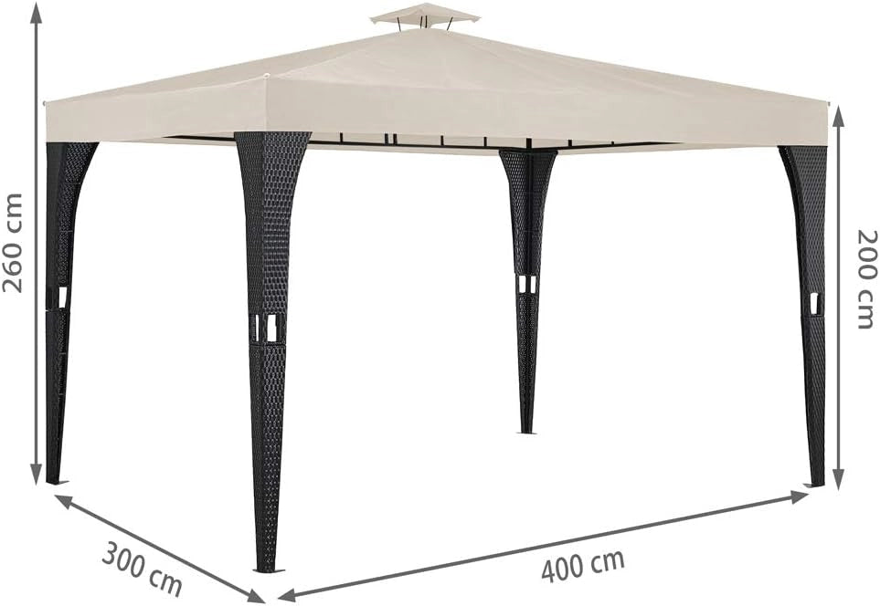Gazebo da Giardino 3x3m Polyrattan Idrorepellente Padiglione Tendone Festa Protezione UV Crema