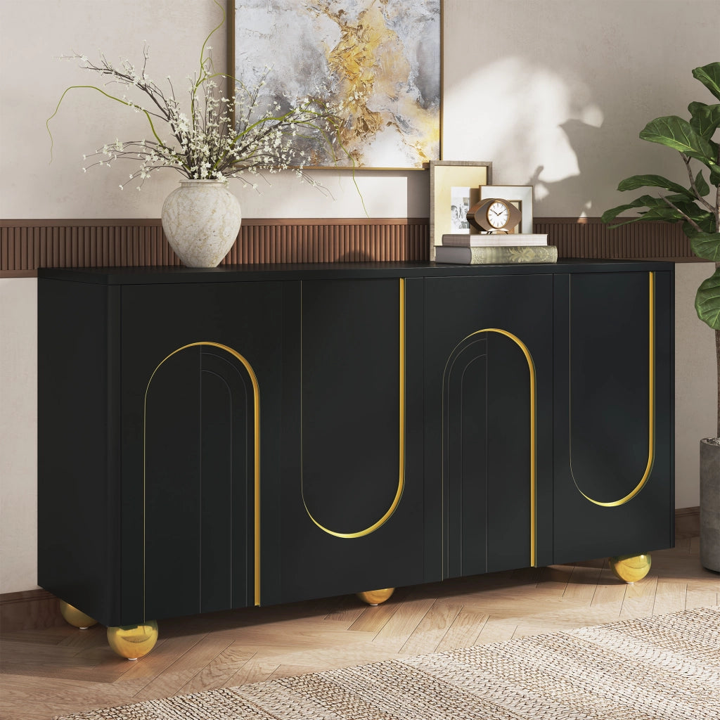 Credenza con 4 ante e ripiani; per soggiorno; in MDF e truciolare; 140×40×74 cm; nera
