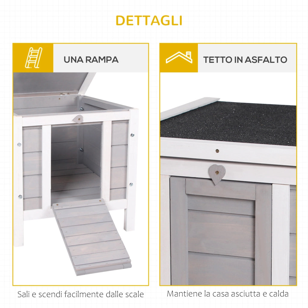EasyComfort Gabbia per Conigli in Legno da Esterno con Tetto in Asfalto e Rampa Antiscivolo, 42x51x43cm, Grigia
