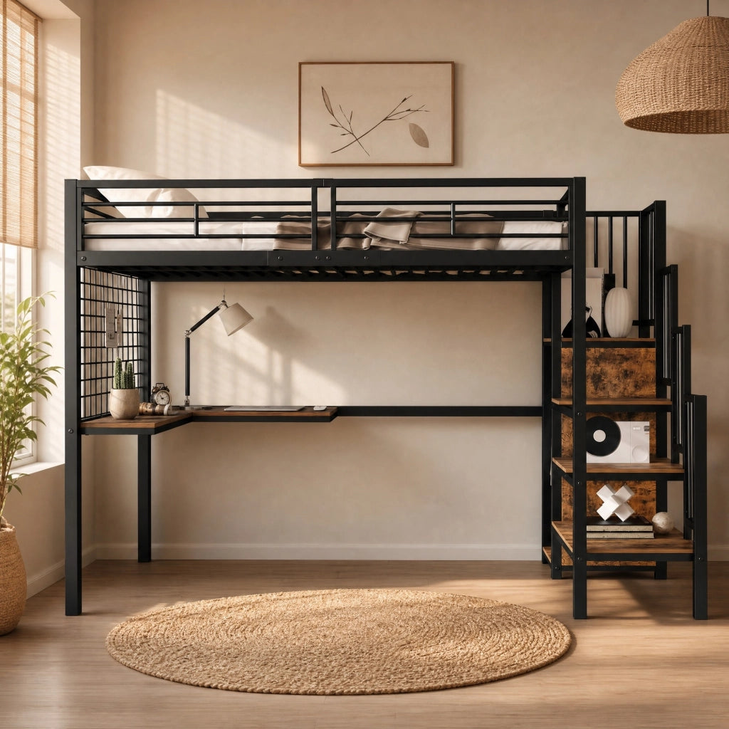 DESMIU Letto a soppalco 1 posto con scala laterale, armadio e scrivania 90 × 200 cm, senza materasso