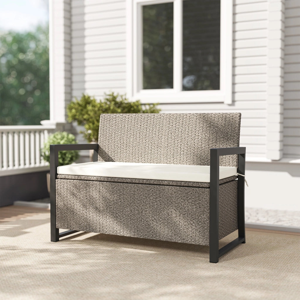 Panchina da Giardino 2 Posti 117x60x86 cm Contenitore da 151.5L in Rattan PE Crema