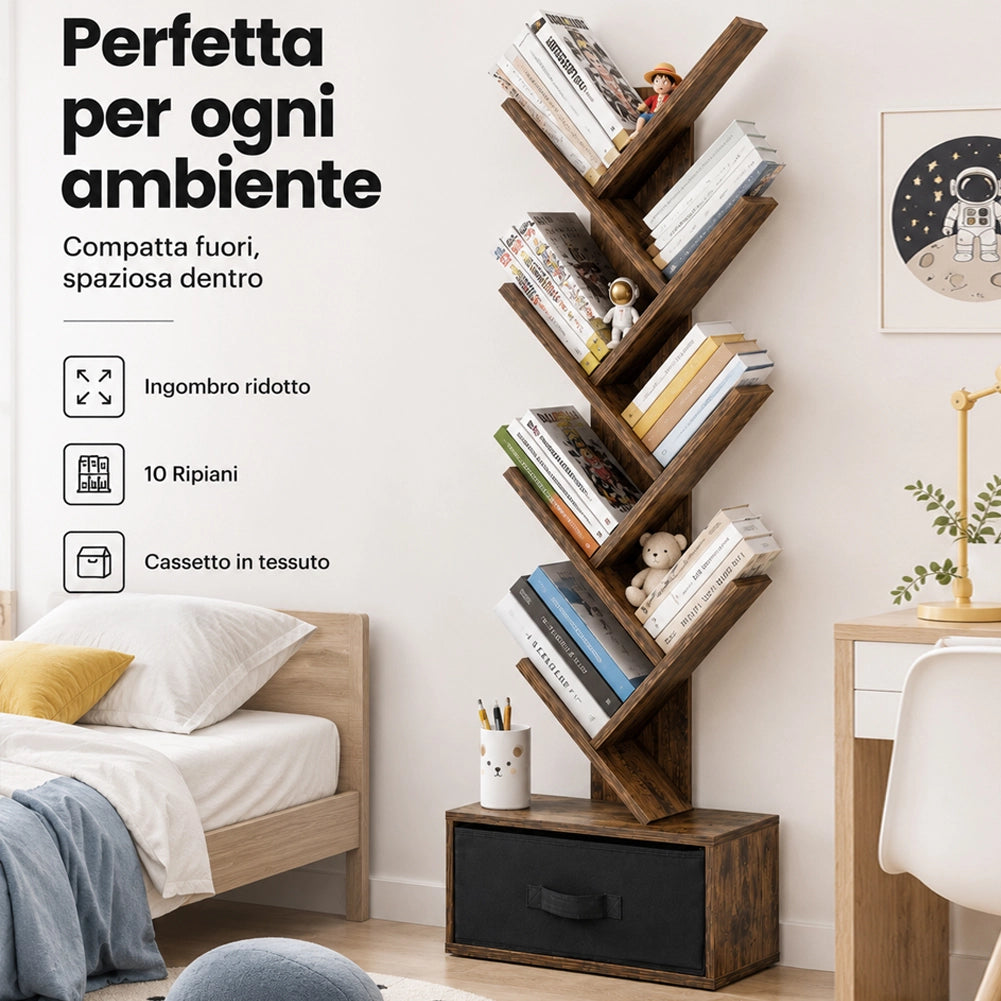 Libreria Design Moderno Industriale Scaffale 10 Ripiani con Cassetto Tessuto