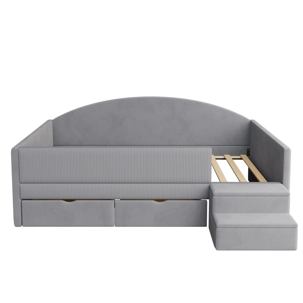 Letto per bambini 90 × 190 cm con 2 cassetti, sponde di sicurezza et gradini, senza materasso, velluto grigio chiaro