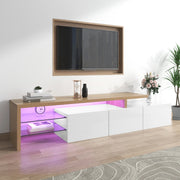 Mobile TV 3 ante, nicchie e LED per soggiorno, in MDF e vetro, naturale e bianco, 197.5 × 39 × 42 cm