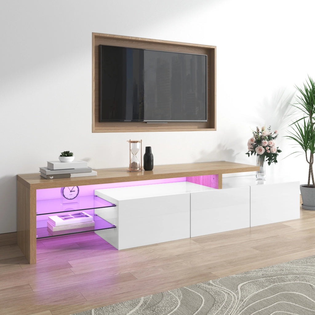 Mobile TV 3 ante, nicchie e LED per soggiorno, in MDF e vetro, naturale e bianco, 197.5 × 39 × 42 cm