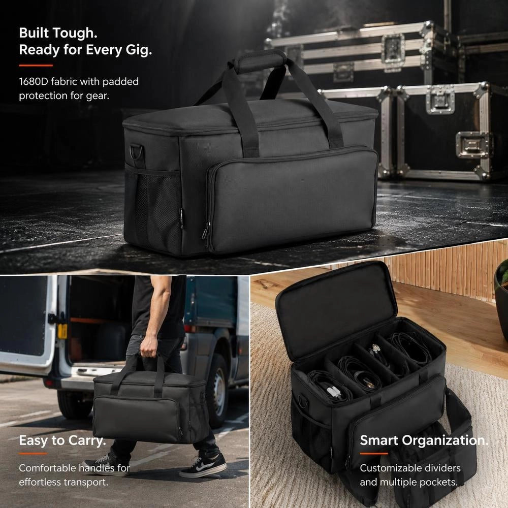 DJ Equipment Rolling Case Bag With Wheels And Handle, 1680D Oxford Cloth With Padded Bottom, 6 Adjustable Dividers, 3 Outer Pockets For Cables Instruments Accessories, 54x24x26 Cm