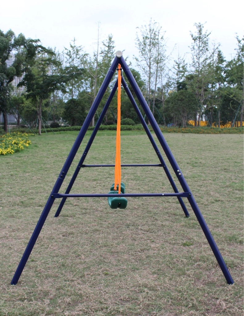 Altalena doppia per bambini in acciaio blu e verde con sedute antiscivolo per gioco sicuro