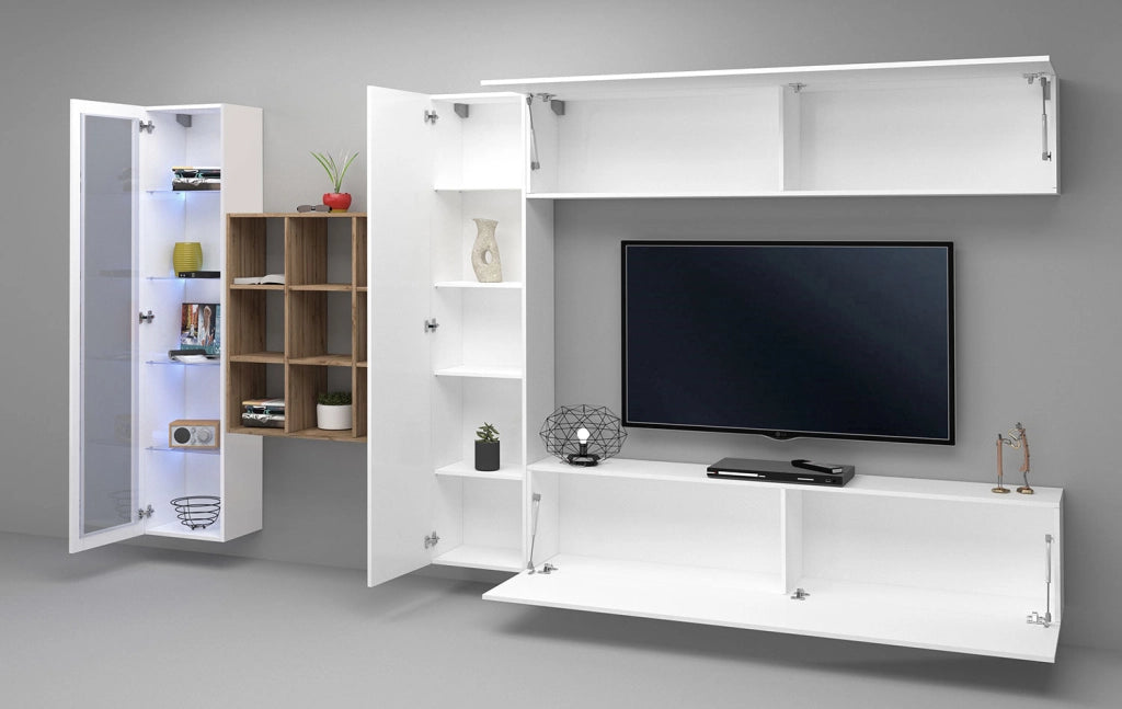 Parete Attrezzata Soggiorno 350x30x180 cm Maruska n°23 Bianco Lucido/Rovere Wotan
