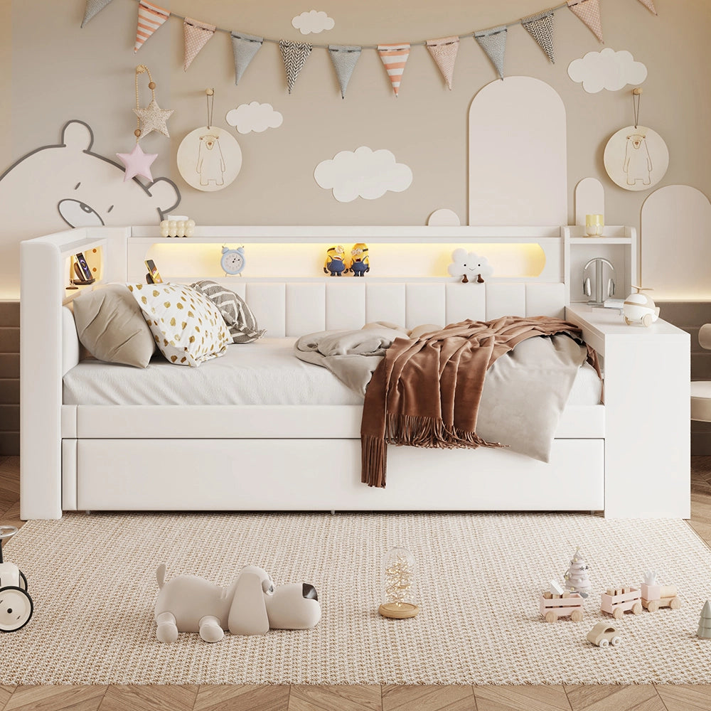 Letto a giorno-Xylo-90x200 cm-USB, LED, letto ribaltabile, scrivania, bianco