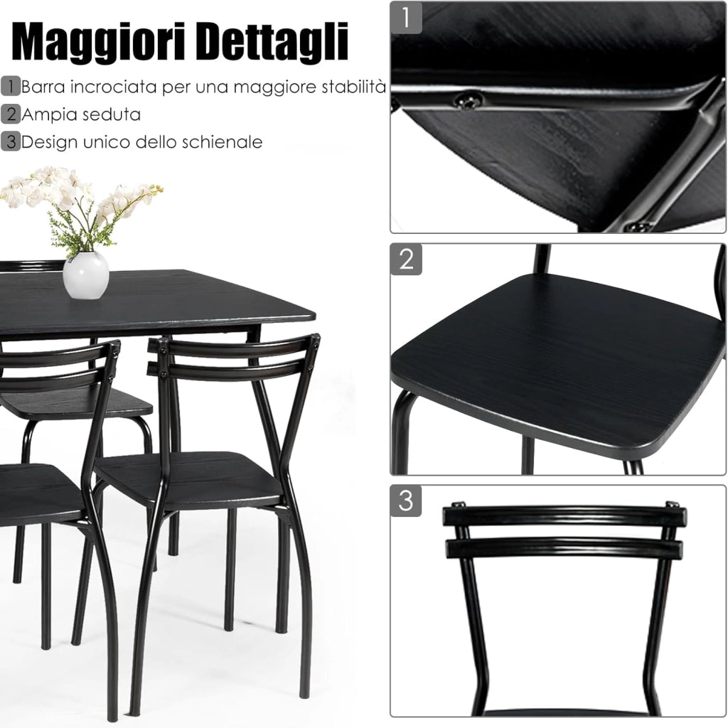 Set Tavolo e Sedie da Cucina 5 Pezzi, Tavolo da Pranzo Rettangolare e 4 Sedie con Telaio Robusto in Metallo, Tavolo con Sedie da Sala da Pranzo Soggiorno Ristorante, Nero