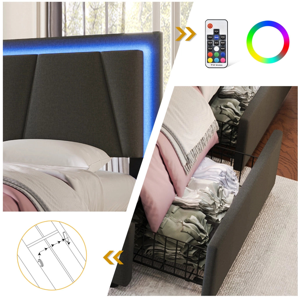 Letto imbottito 160 x 200 cm grigio con LED, 4 cassetti e materasso