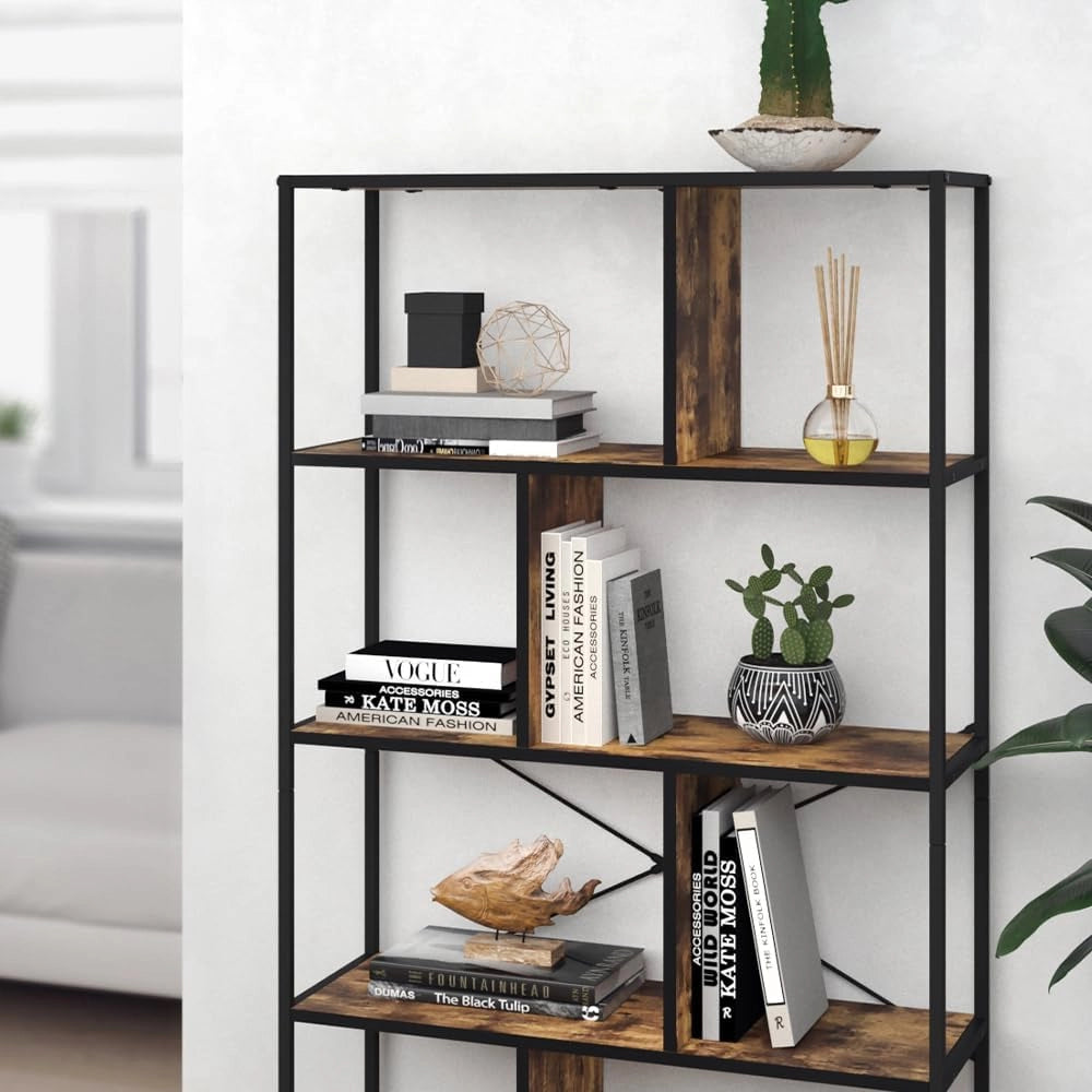 Divisorio per ambienti Fyrk, Legno antico, 80 x 146 cm, utilizzabile come divisorio con struttura in metallo e ripiani aperti
